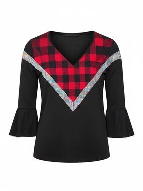Lily Black Top with Red Buffalo Plaid V-Panel and Rhinestone Trim - Size Medium